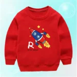 Bright red kids' sweatshirt featuring a cartoon rocket ship with stars and flames, perfect for young science enthusiasts and space lovers.