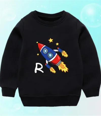 Black children's sweatshirt featuring a colorful cartoon rocket with stars, designed for science-themed decor and educational play.
