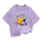 Lavender T-shirt featuring a cute astronaut and moon with the text "Space Travel" for children interested in space exploration. Perfect for educational and fun space-themed apparel.