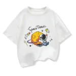 White kids' T-shirt featuring a colorful cartoon astronaut, rocket, and planets with "Space Travel" text, perfect for science and space enthusiasts.