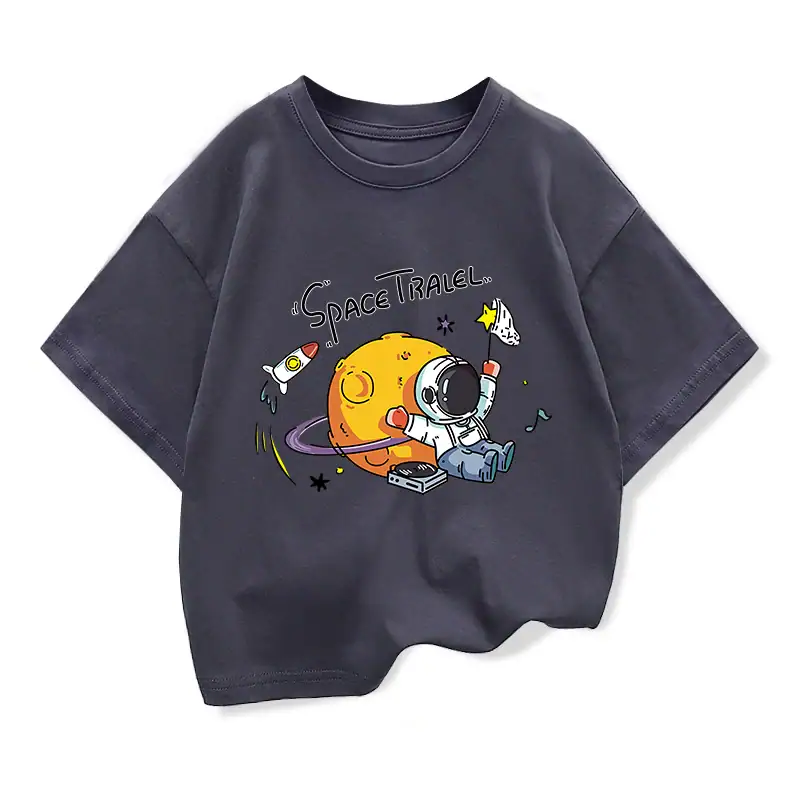Adorable black T-shirt featuring a cartoon astronaut exploring space with a rocket, planets, and stars, perfect for young science enthusiasts and space lovers.