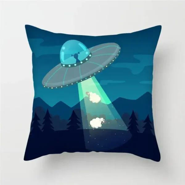 Decorative pillow featuring a cartoon UFO beaming up sheep against a mountain and forest background, perfect for science and space-themed decor or educational settings.