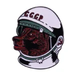 Vintage Soviet space helmet featuring a detailed dragon illustration, with "CCCP" lettering on the helmet's front, symbolizing space exploration and mythology.