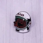 GCCP astronaut helmet pin featuring a detailed red wolf face design, perfect for science enthusiasts and collectors.