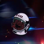 Astronaut helmet with a bear face design, featuring the USSR (CCCP) logo, set against a space-themed background.