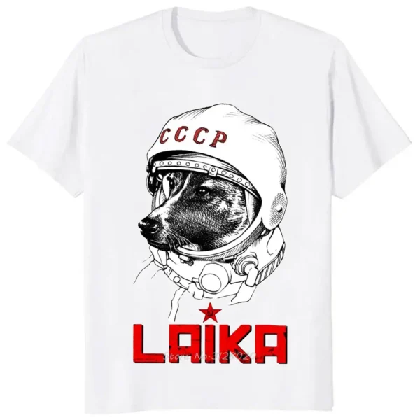 Astronaut dog wearing a space helmet with "CCCP" and "LAIKA" text, celebrating the historic space mission of Laika, the first dog in space.