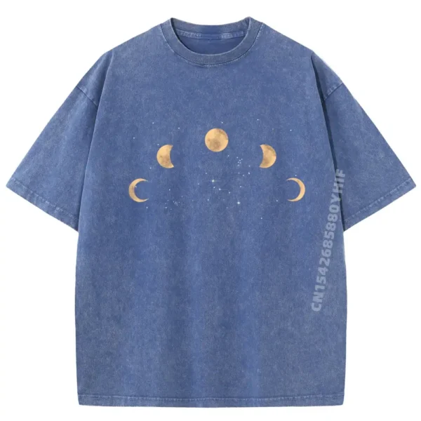 Blue T-shirt featuring a moon phase design with different lunar phases arranged in a semi-circle pattern.