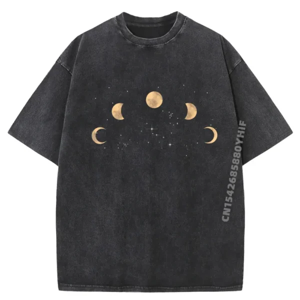 A black T-shirt featuring a design of the moon's phases, from new moon to full moon, arranged in a semi-circle across the chest.