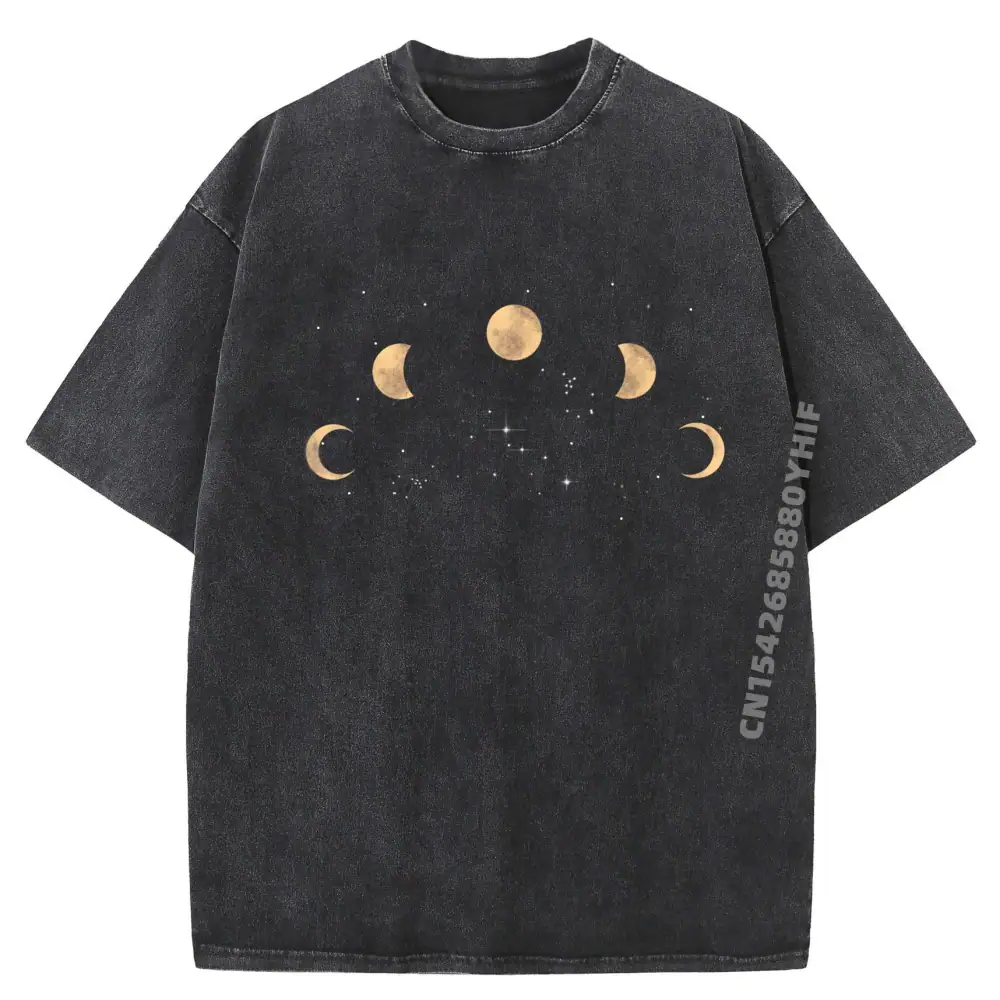 A black T-shirt featuring a design of the moon's phases, from new moon to full moon, arranged in a semi-circle across the chest.