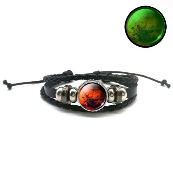 Stylish black leather bracelet with a central red and silver globe charm, perfect for science enthusiasts and fashion lovers.