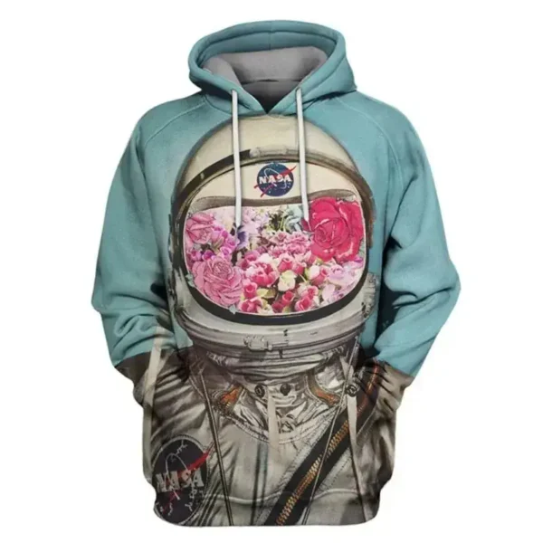 Comfortable hoodie featuring a NASA space helmet graphic with a vibrant floral design on the visor, perfect for science and space enthusiasts.