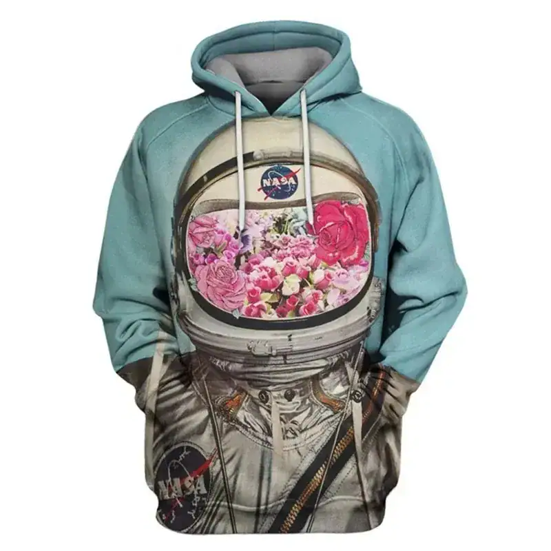 NASA Space Helmet Hoodie with Floral Design Comfortable hoodie featuring a NASA space helmet graphic with a vibrant floral design on the visor, perfect for science and space enthusiasts.