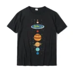Black T-shirt featuring colorful illustrations of planets from the solar system, including Earth, Mars, Jupiter, Saturn, Uranus, and Neptune, arranged vertically.