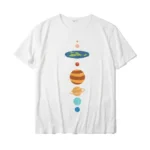 White T-shirt featuring a colorful illustration of the solar system with planets aligned vertically, including Earth, Mars, Jupiter, Saturn, Uranus, and Neptune.