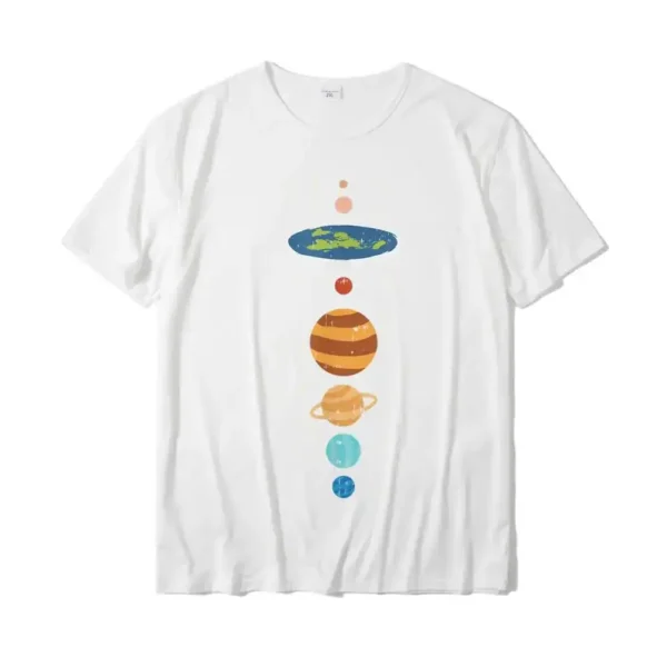 White T-shirt featuring a colorful illustration of the solar system with planets aligned vertically, including Earth, Mars, Jupiter, Saturn, Uranus, and Neptune.