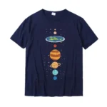 Navy blue T-shirt featuring a colorful illustration of the solar system with planets and stars, perfect for science enthusiasts and educational purposes.