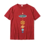 Bright red kids' T-shirt featuring a colorful illustration of the solar system with planets and Earth, perfect for science education and space enthusiasts.