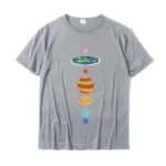 Colorful solar system graphic T-shirt featuring planets like Earth, Mars, Jupiter, Saturn, Uranus, and Neptune on a light gray background, perfect for educational and science-themed apparel.