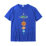 A vibrant blue T-shirt featuring a playful illustration of the solar system with planets and Earth depicted in bright, engaging colors.