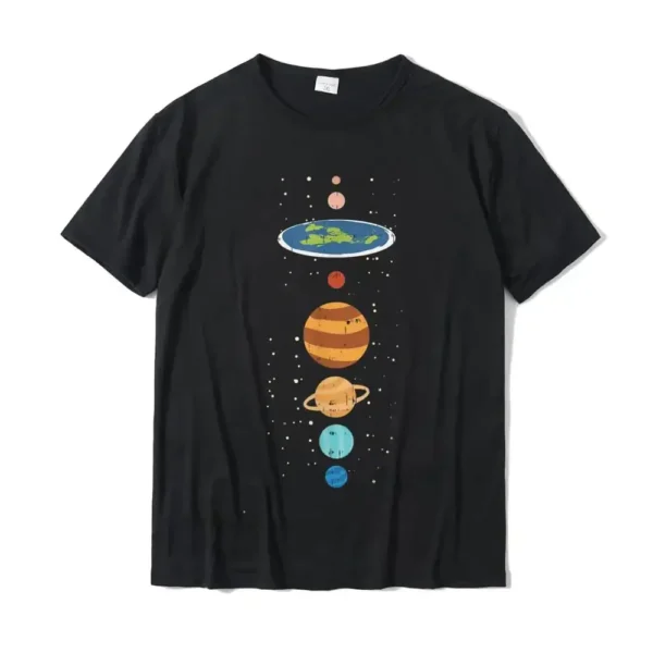 Black T-shirt featuring colorful illustrations of planets from the solar system, including Earth, Mars, Jupiter, Saturn, Uranus, and Neptune, arranged vertically.