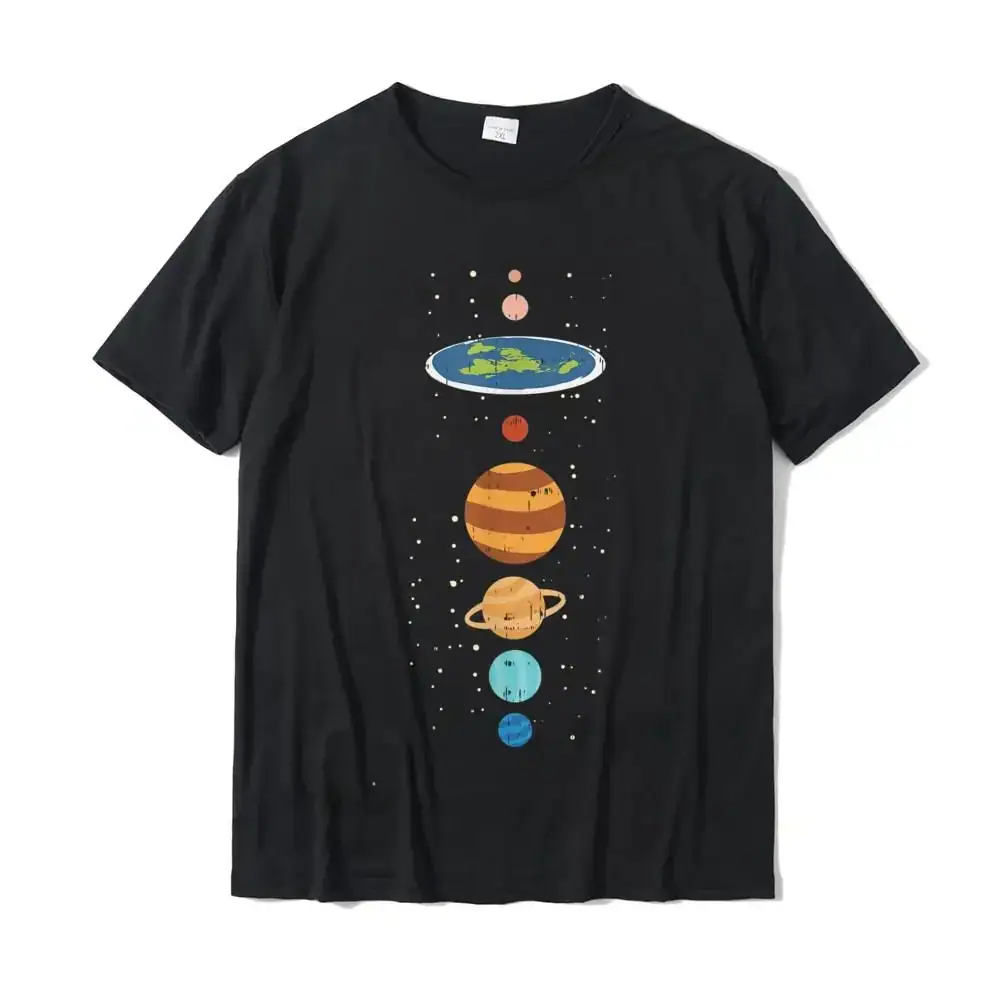 Black T-shirt featuring colorful illustrations of planets from the solar system, including Earth, Mars, Jupiter, Saturn, Uranus, and Neptune, arranged vertically.