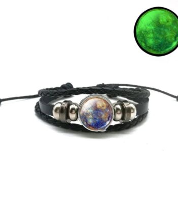 Stylish black leather bracelet with a cosmic galaxy-themed bead, perfect for science and space enthusiasts. Adjustable design for a comfortable fit.