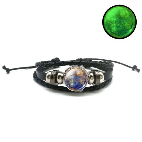 Stylish black leather bracelet with a cosmic galaxy-themed bead, perfect for science and space enthusiasts. Adjustable design for a comfortable fit.