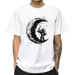 White T-shirt featuring a black and white illustration of an astronaut sitting on a crescent moon with stars in the background, perfect for science lovers and space fans.