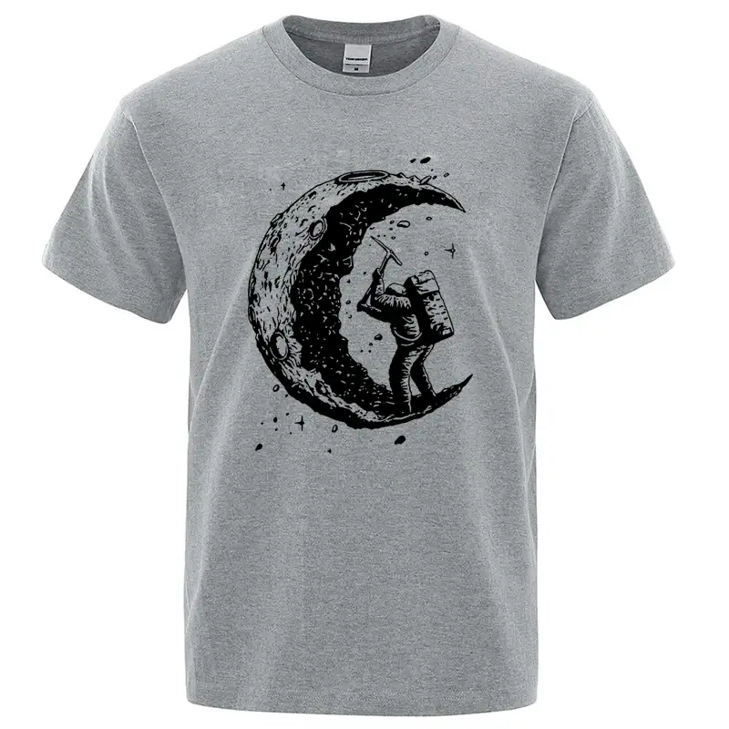 Astronaut floating near a crescent moon graphic on a casual gray T-shirt, perfect for science lovers and space exploration fans.