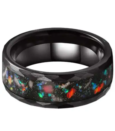 Black ring with colorful galaxy and star pattern, cosmic design jewelry for space enthusiasts.