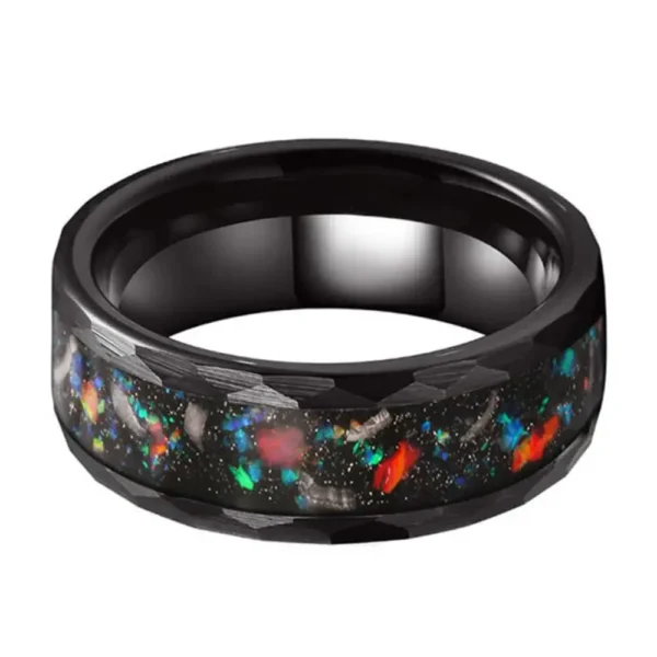 Black ring with colorful galaxy and star pattern, cosmic design jewelry for space enthusiasts.