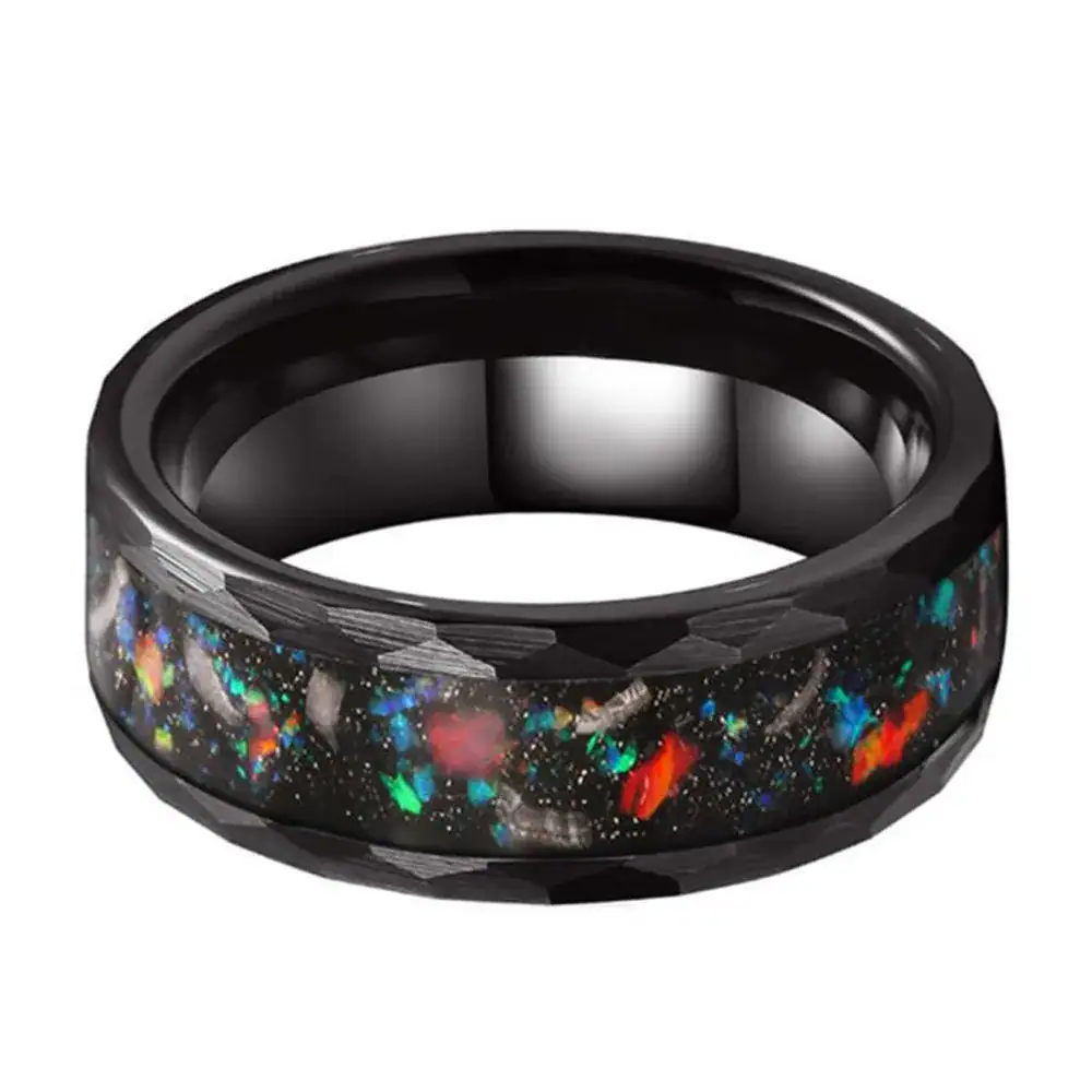 Black ring with colorful galaxy and star pattern, cosmic design jewelry for space enthusiasts.