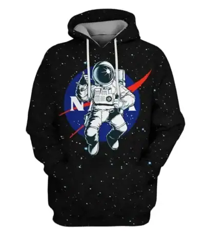 Black hoodie featuring a NASA astronaut graphic with space background and red swoosh, perfect for science enthusiasts and space lovers.
