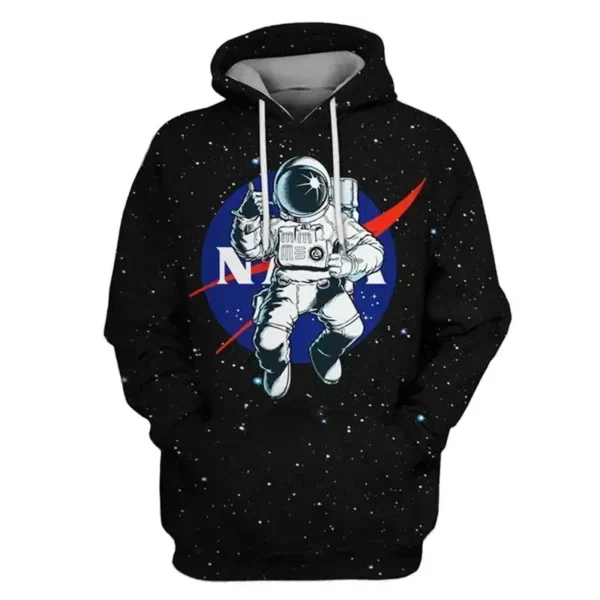 Black hoodie featuring a NASA astronaut graphic with space background and red swoosh, perfect for science enthusiasts and space lovers.
