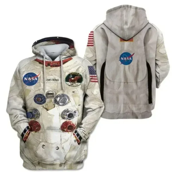 Children's hoodie featuring NASA patches and astronaut-themed graphics, perfect for space enthusiasts and educational purposes.