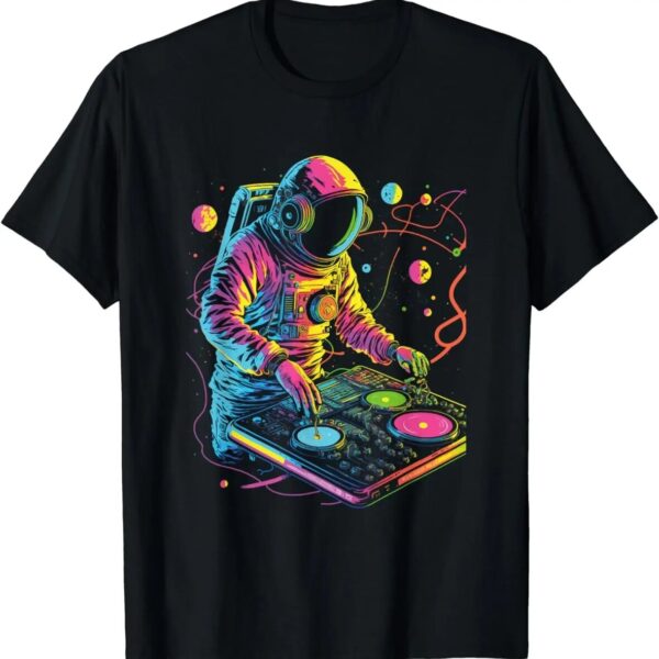 A vibrant, neon-colored astronaut DJ design on a black T-shirt, blending space exploration with music culture. Perfect for science and music enthusiasts who love unique, eye-catching apparel.