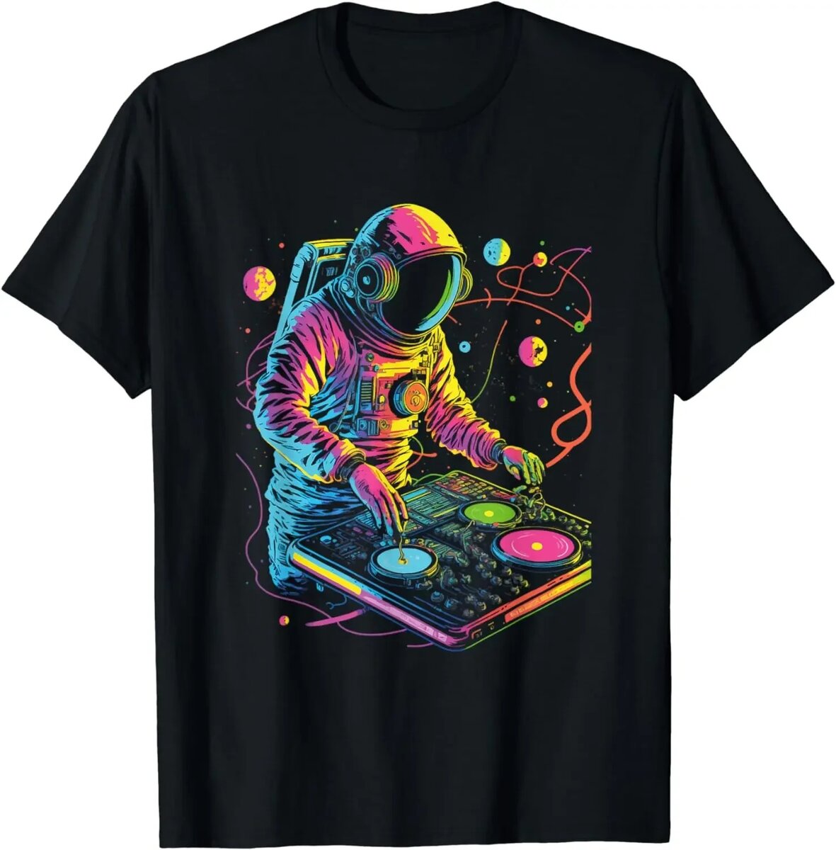 Futuristic DJ Astronaut T-Shirt A vibrant, neon-colored astronaut DJ design on a black T-shirt, blending space exploration with music culture. Perfect for science and music enthusiasts who love unique, eye-catching apparel.