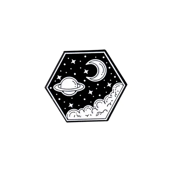 Black and white space-themed patch featuring planets, stars, and a crescent moon within a hexagon shape.
