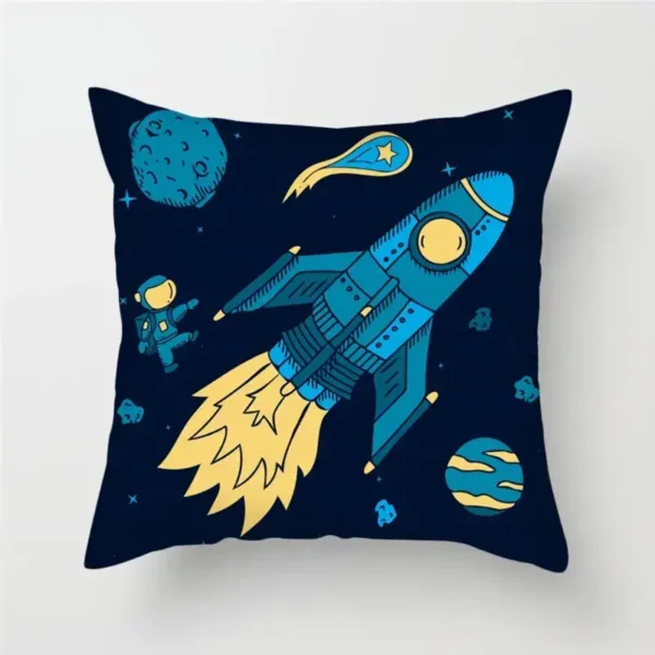 Colorful space-themed decorative pillow featuring a rocket, astronaut, planets, and stars, perfect for science enthusiasts and space lovers.