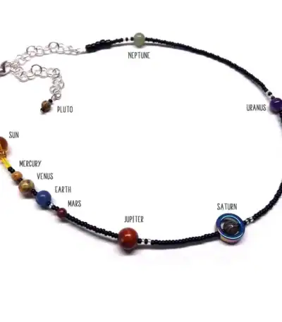 Neptune, Uranus, Saturn, Jupiter, Mars, Earth, Venus, Mercury, Sun, Pluto - Solar System Beaded Necklace for Educational and Decorative Use.