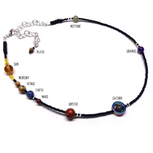 Neptune, Uranus, Saturn, Jupiter, Mars, Earth, Venus, Mercury, Sun, Pluto - Solar System Beaded Necklace for Educational and Decorative Use.