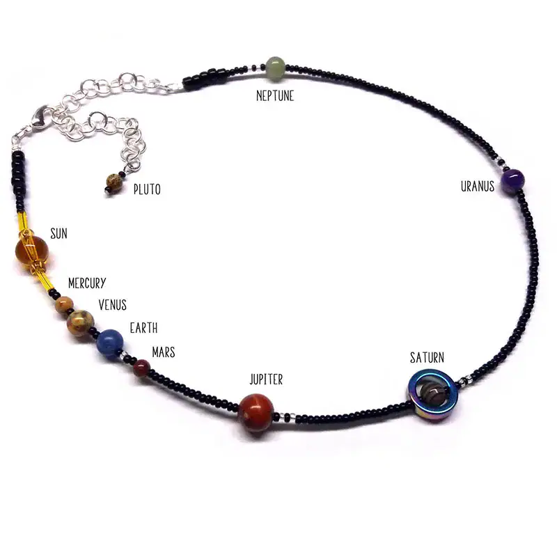 Solar System Beaded Necklace - Educational Jewelry for Kids and Adults Neptune, Uranus, Saturn, Jupiter, Mars, Earth, Venus, Mercury, Sun, Pluto - Solar System Beaded Necklace for Educational and Decorative Use.