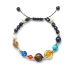 Bright planetary-themed beaded bracelet featuring various colorful beads and star charms, perfect for science enthusiasts and educational decor.