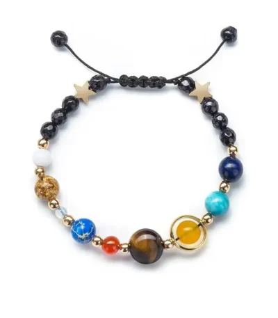 Bright planetary-themed beaded bracelet featuring various colorful beads and star charms, perfect for science enthusiasts and educational decor.