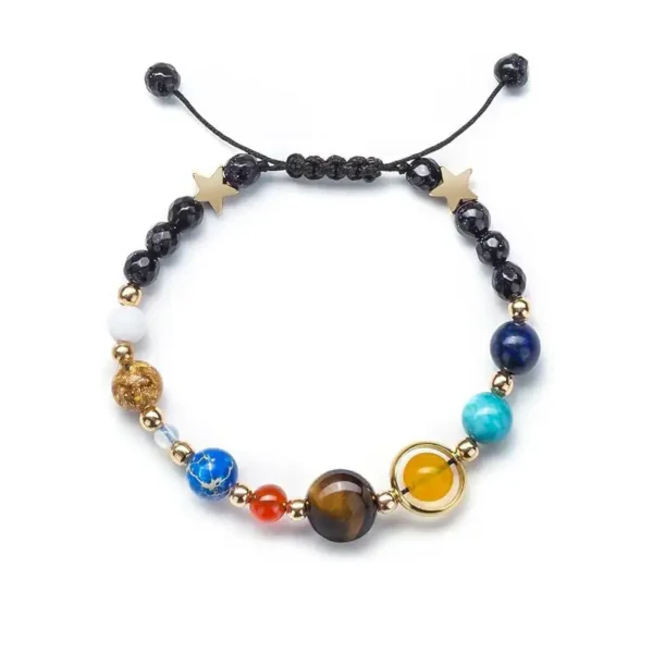Bright planetary-themed beaded bracelet featuring various colorful beads and star charms, perfect for science enthusiasts and educational decor.