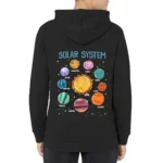 Black hoodie featuring a colorful illustration of the solar system with planets and the Sun, perfect for science enthusiasts and educational purposes.