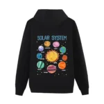 Black hoodie featuring a colorful illustration of the solar system with planets and the sun, perfect for science enthusiasts and educational purposes.