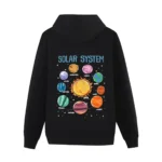 Black hoodie featuring a colorful illustration of the solar system with planets labeled, perfect for educational purposes and space enthusiasts.