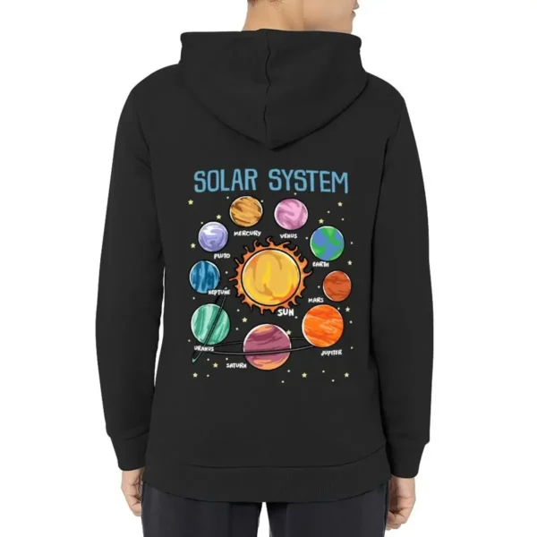 Black hoodie featuring a colorful illustration of the solar system with planets and the Sun, perfect for science enthusiasts and educational purposes.
