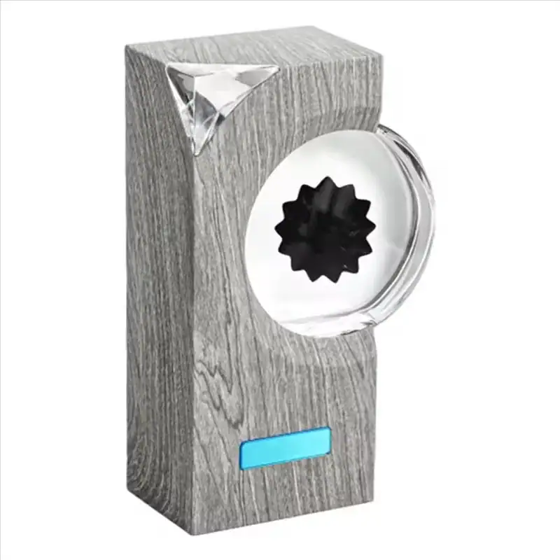 Wooden Puzzle Box with Transparent Top and Blue Indicator Wooden puzzle box featuring a transparent top, black gear inside, and a blue indicator at the bottom, ideal for educational science and puzzle enthusiasts.